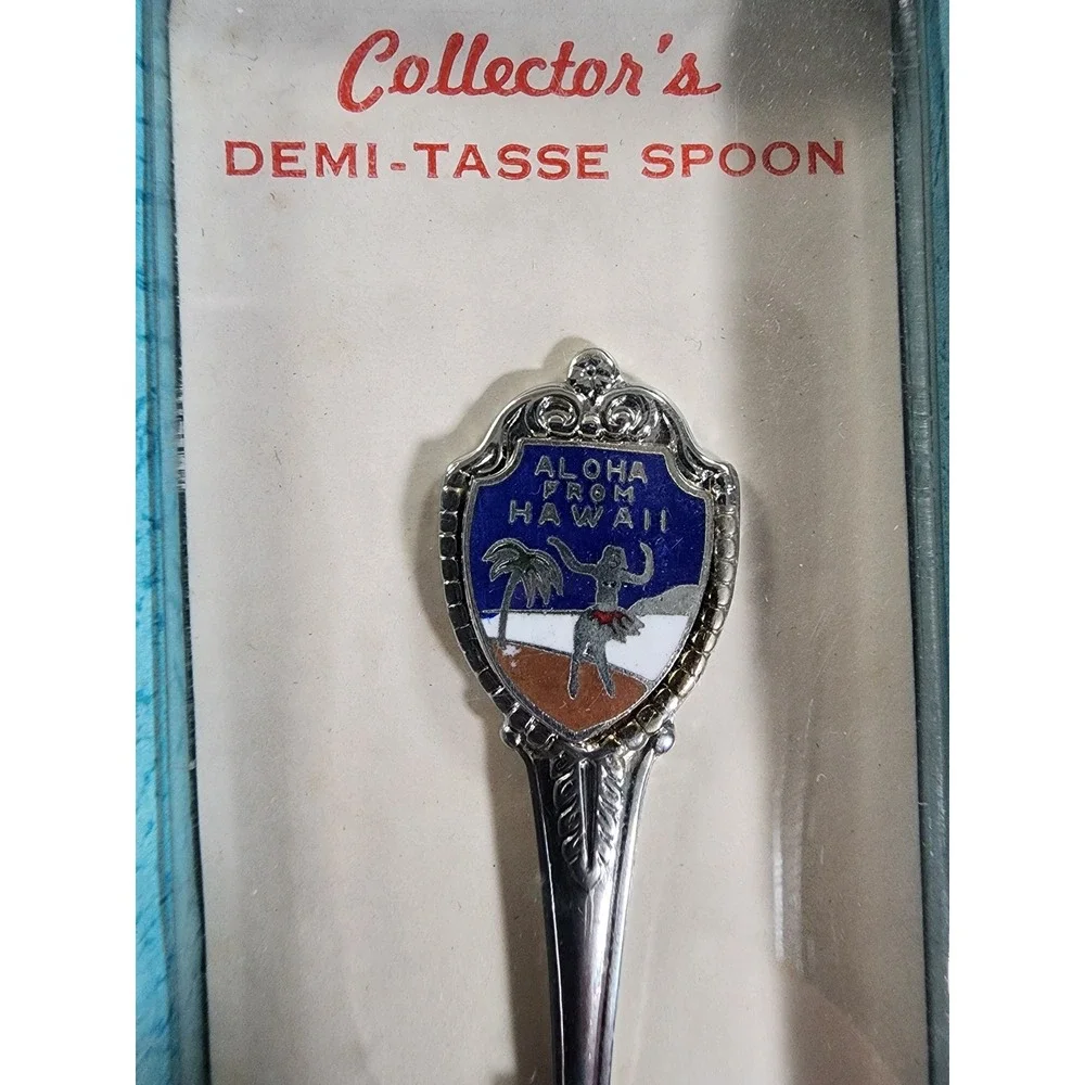 Vintage Hawaii Souvenir Demi-TasseSpoon Silver Tone Aloha Enamel Made‎ in USA
